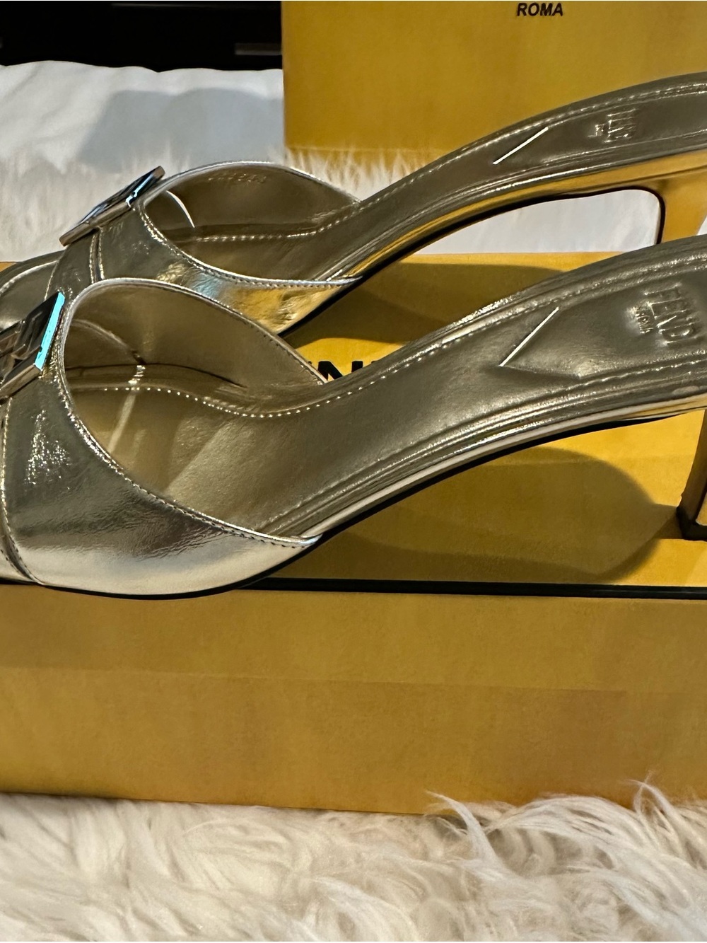 Fendi Ffold Gold Metallic Logo Slide Heels - Picture 4 of 10